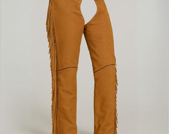 Women’s Tan Suede Leather Fringe Chaps, Western Rodeo Style, Handmade Cowgirl Biker Festival Outfit