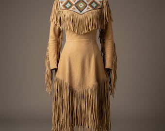 Handmade Suede Fringe Dress | Western Aztec Embroidered Dress with Hand-Beaded Chest Belt