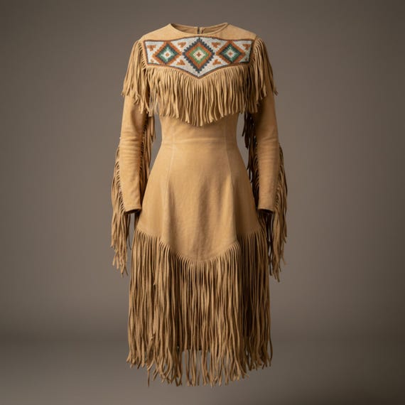 aztec beaded dress Handmade Suede Fringe | Western Embroidered Dress With Hand- Chest Belt Choker necklace