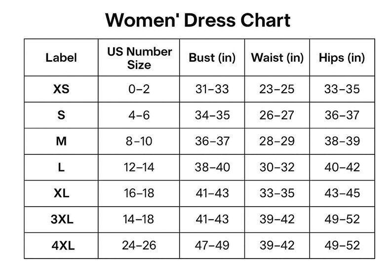 May include: A Women's Dress Chart with measurements in inches. The chart includes sizes XS to 4XL, listing US sizes, bust, waist, and hip measurements. The chart is designed to help customers find the right dress size.