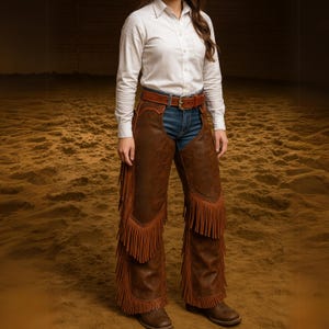 May include: Brown leather chaps with fringe detailing. The chaps are worn over blue jeans and a brown belt. The person is wearing a white button-down shirt and brown boots. The chaps have a textured appearance and are designed for riding.