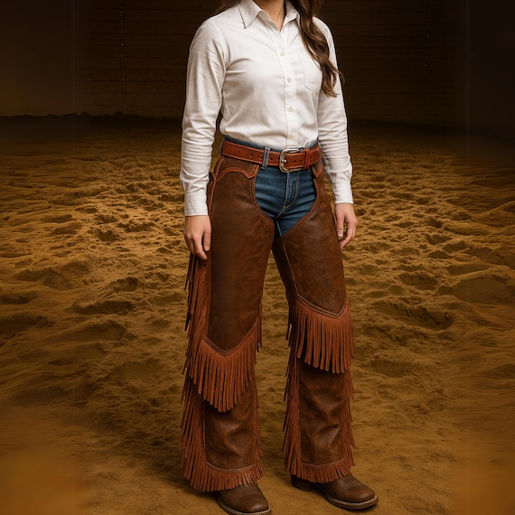 Women’s Western Fringe Leather Chaps, Cowgirl Rodeo Riding Pants, Vintage Suede Biker Festival Outfit