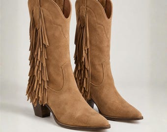 Women’s Tan Suede Fringe Cowboy Boots Western Cowgirl Boots Pointed Toe Handmade Leather
