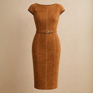 May include: A brown suede dress with a fitted silhouette. The dress features a scoop neckline, short sleeves, and a matching belt cinching the waist. Vertical seams run down the front and back, and the dress falls to the knees.