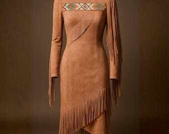 Women Hand Beaded Suede Fringe Dress Western Boho Leather Midi Cowgirl Party Outfit