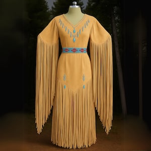 May include: A long, yellow dress with fringe detailing. The dress has turquoise and red beading and a geometric pattern on the belt.