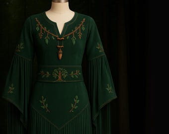 Handmade Women&#39;s Forest Green Suede Dress Elven Fringe Gown with Tree of Life Embroidery, Acorn Pendant & Bell Sleeves Boho Western Outfit