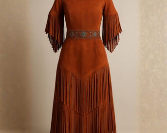 Handmade Suede Fringe Maxi Dress for Women, Beaded Western Boho Style Long-Sleeve Festival Outfit