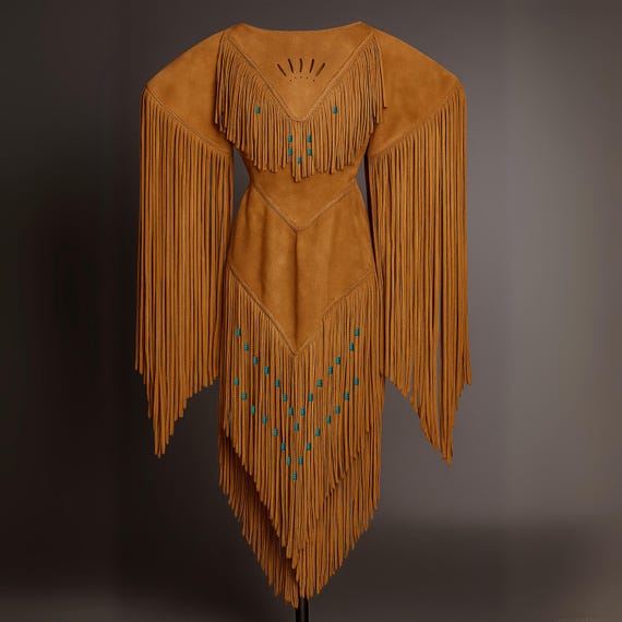Handmade Suede Fringe Dress – Powwow Regalia with Turquoise Beads