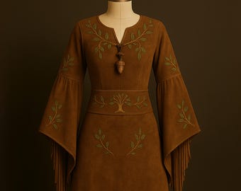 Boho Fringe Maxi Dress | Handmade Suede Long Sleeve Dress | Rustic Forest Witch Costume | Medieval Pagan Gown | Woodland Elven Dress