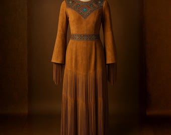 Handmade Suede Fringe Maxi Dress – Beaded Belt, Western Boho