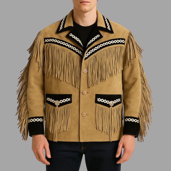 Jaqueta masculina de camurça com franjas estilo western feita à