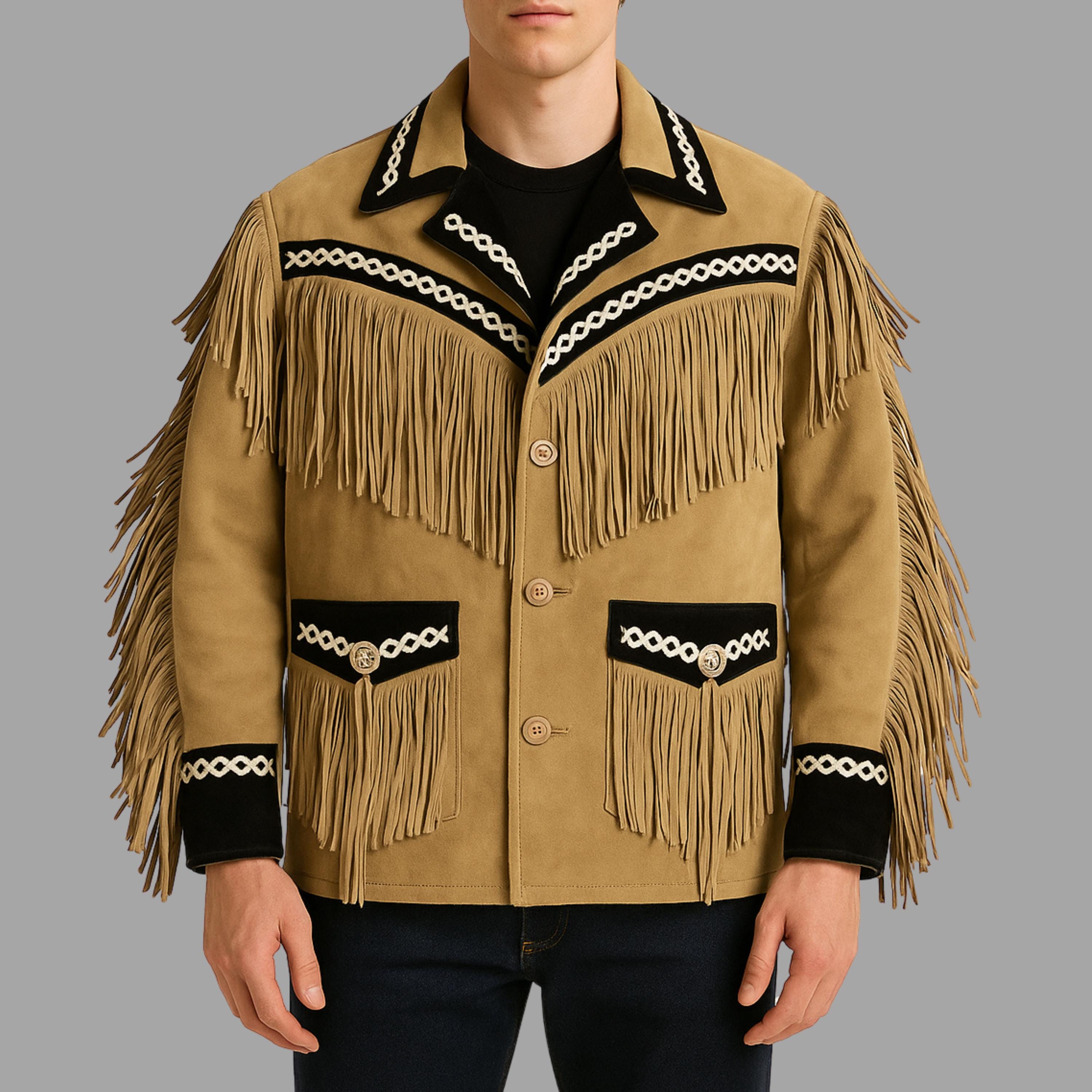 Jaqueta masculina de camurça com franjas estilo western feita à