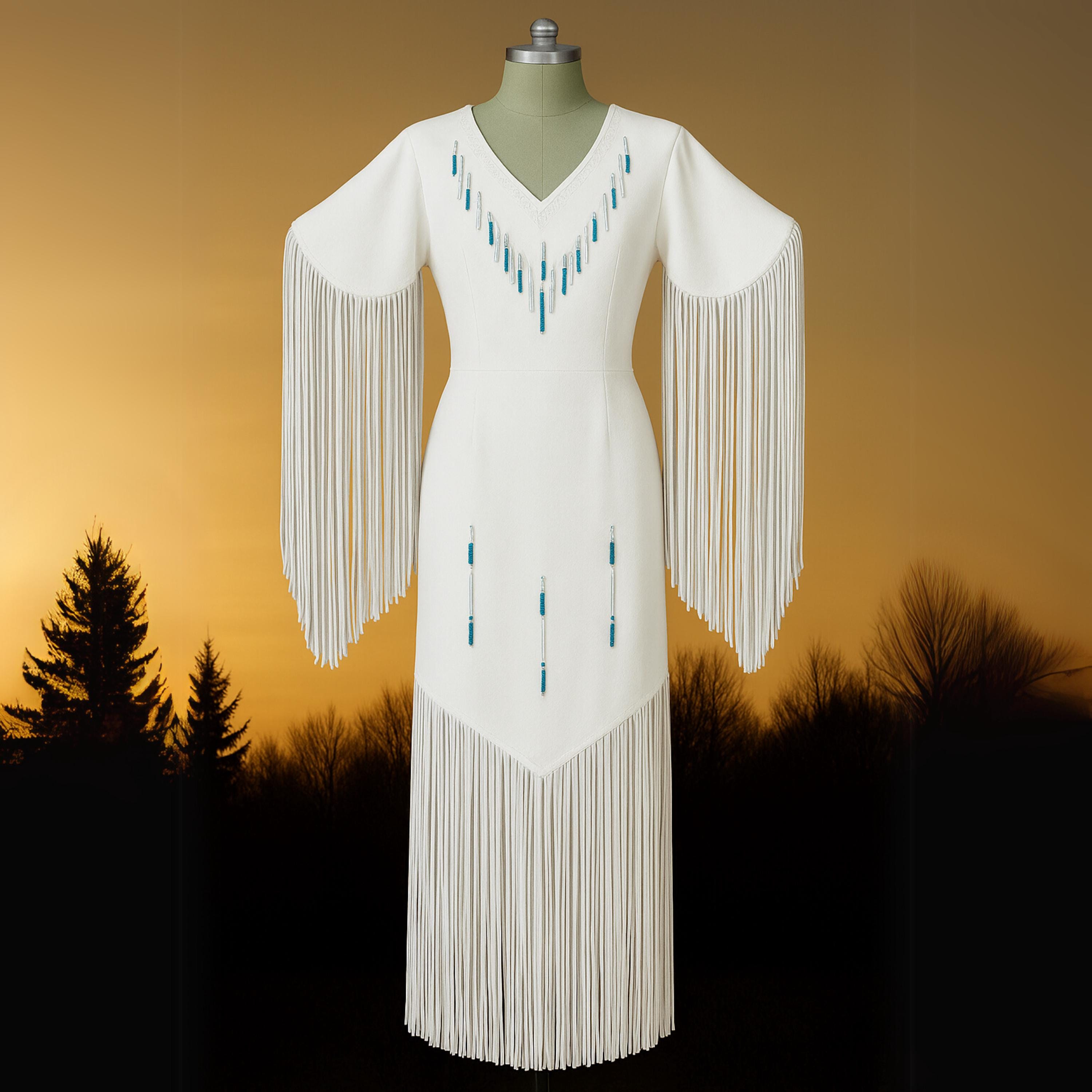 Handmade White Leather Native American Wedding Dress – Long Fringe Powwow Regalia – Cheyenne Beaded Belt – Traditional Women's Outfit