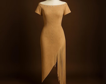 Women’s Off-Shoulder Suede Fringe Dress – Asymmetric Western Bodycon Dress with Stud Detail & Tassel Hem