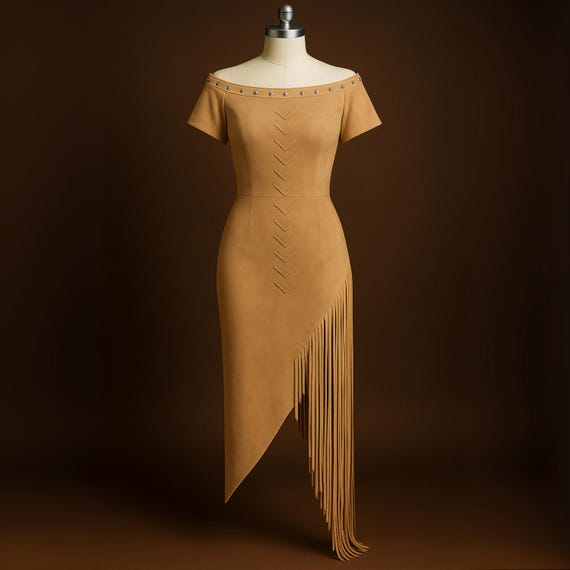 Women's Off-Shoulder Suede Fringe Dress - Asymmetric Western Bodycon Dress with Stud Detail & Tassel Hem