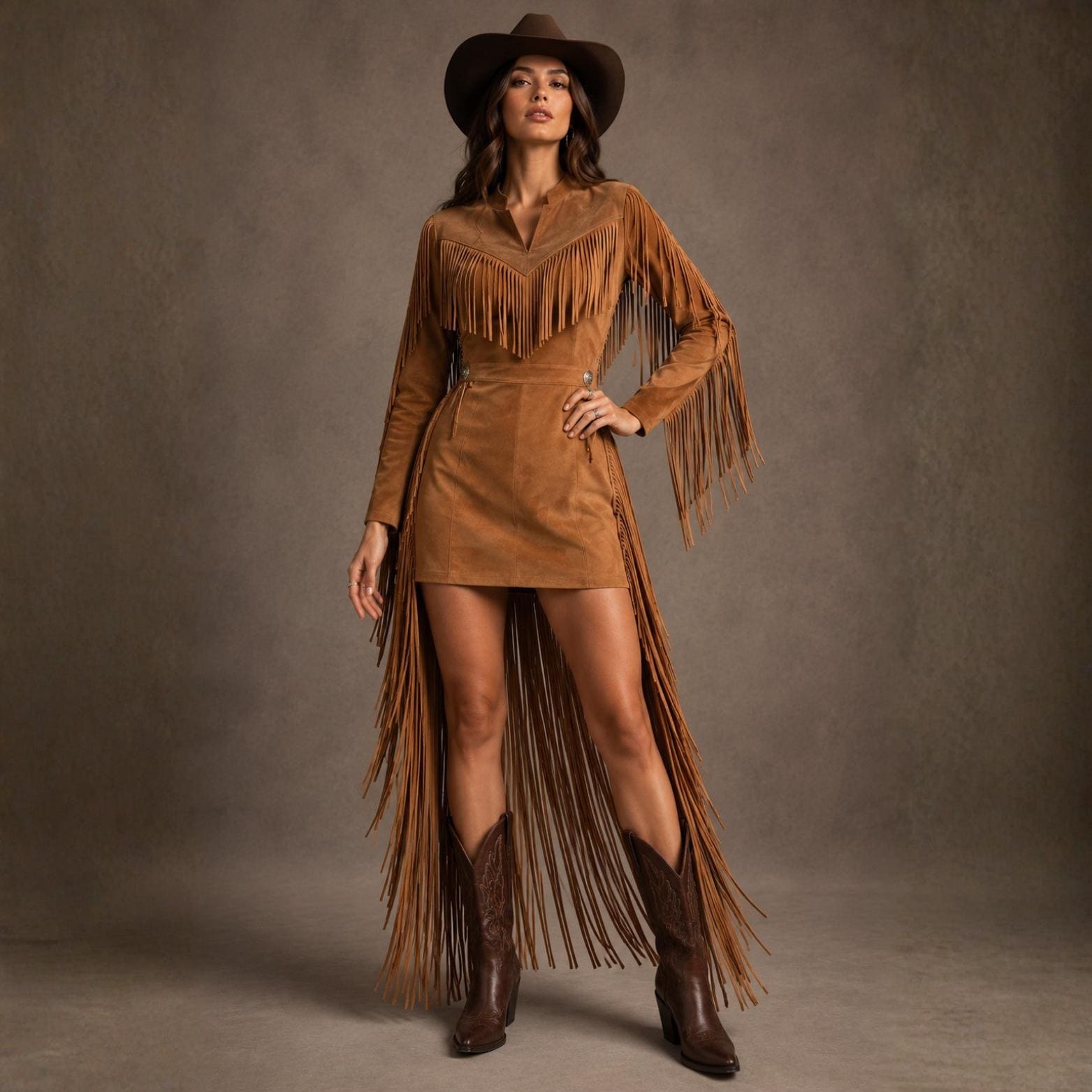 brown suede dress with fringe Spaghetti strap