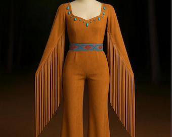Women’s Handmade Western Suede Fringe Leather Jumpsuit – Flared Leg Native-Inspired Boho Outfit with Embroidered Waist & Beaded Neckline