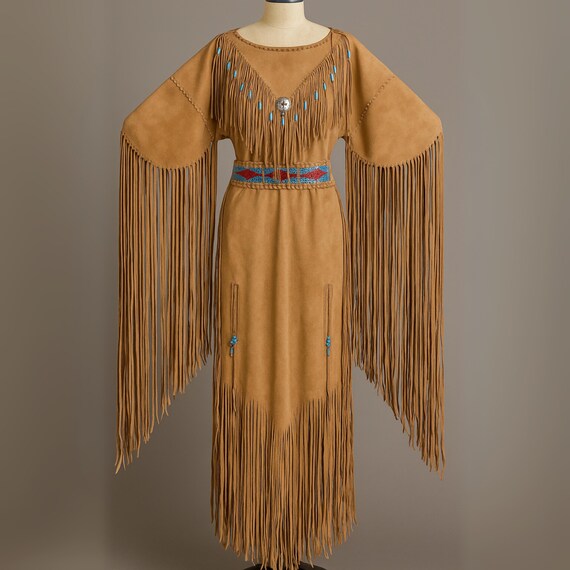 Handmade Powwow Suede Dress with Beaded Belt, Long Fringes | Native American Dance Outfit