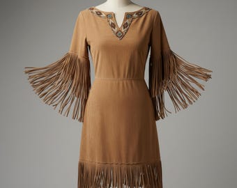 Handmade Western Fringe Dress | Southwestern Beaded Tan Cowgirl Outfit