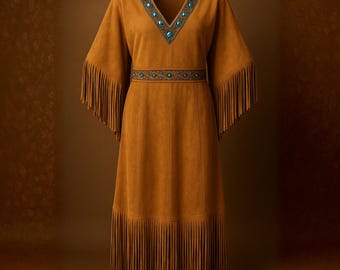 Women's Brown Boho Fringe Maxi Dress Western V-neck Long Sleeve Dress - Etsy