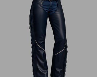 Unisex Navy Leather Fringe Chaps, Western Riding Pants, Handmade Rodeo Festival Tassel Legwear