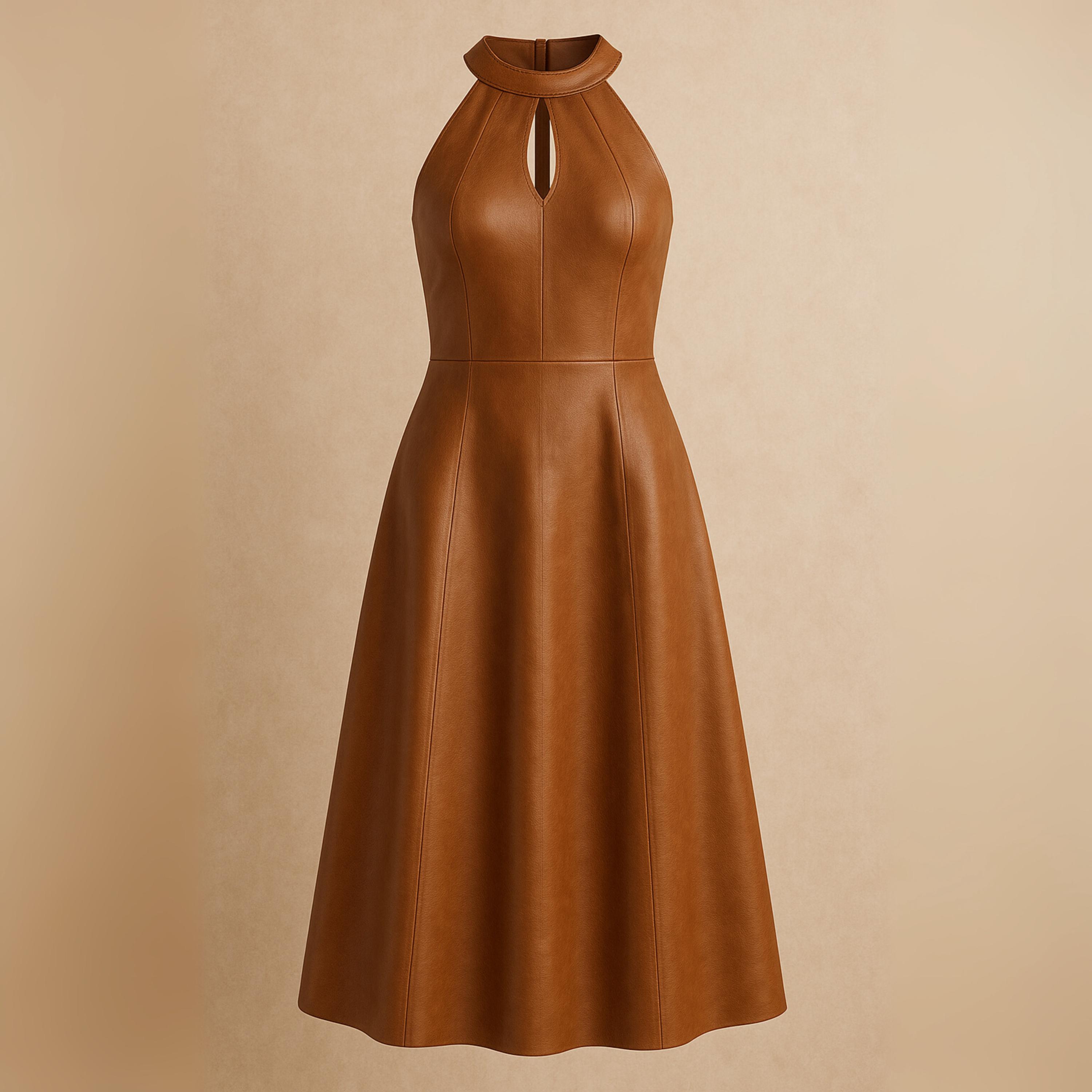 Handmade Brown Genuine Leather Halter Midi Dress, Vintage A-Line Keyhole Dress, Retro Fall Party