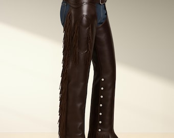Western Genuine Leather Fringe Chaps, Handmade Cowboy Rodeo Pants, Dark Brown Suede Festival Outfit