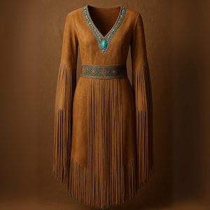 Handmade Western Suede Fringe Dress with Turquoise Beaded Belt - Vintage Cowgirl Festival Bohemian Style.