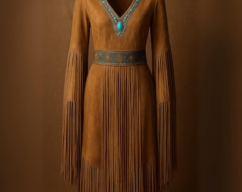 Handmade Western Suede Fringe Dress with Turquoise Beaded Belt - Vintage Cowgirl Festival Bohemian Style.