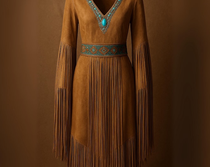 Handmade Western Suede Fringe Dress with Turquoise Beaded Belt - Vintage Cowgirl Festival Bohemian Style.