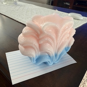 May include: A pink and blue candle shaped like a seashell. The candle has a detailed, textured design.
