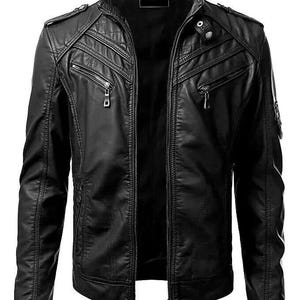 Handmade Men&#39;s Slim Fit Biker Jacket - Genuine Black Lambskin Leather Motorcycle Jacket