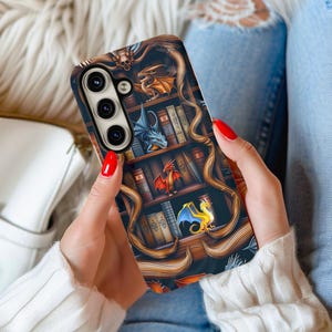 Whimsical Bookish Dragon Bookshelf Phone Case for Book Lovers Fantasy Creature Reading Accessory Literary Gift for Readers Nerds Cover