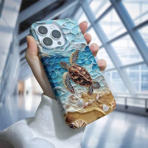 Ocean Turtle Beach Phone Case with Seashells and Sand Art Design, Coastal Sea Turtle iPhone Cover, Summer Beach Animal Phone Case Gift