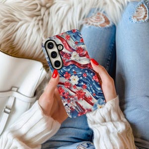 American Flag Phone Case Floral Design Patriotic USA Samsung Cover with Red White Blue Flowers Stars Stripes Summer Aesthetic Gift Idea