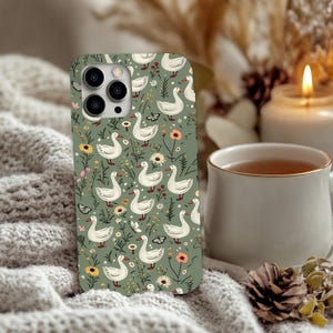 Silly Goose iPhone Case with Cute Ducks and Whimsical Floral Pattern, Funny Animal Phone Cover, Green Farm Animal Aesthetic Accessory