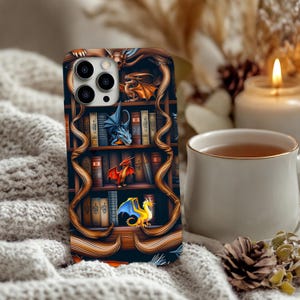 Whimsical Bookish Dragon Bookshelf Phone Case for Book Lovers Fantasy Creature Reading Accessory Literary Gift for Readers Nerds