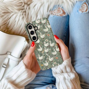 Silly Goose iPhone Case with Cute White Ducks and Whimsical Floral Pattern, Funny Animal Phone Cover, Green Farm Animal Aesthetic Accessory