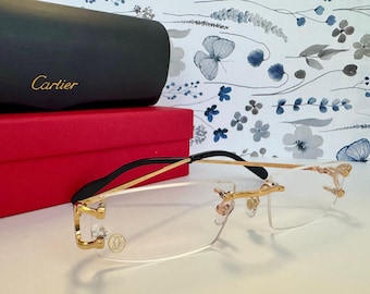 Cartier Rimless Vintage Trendy Eyewear, Gold Black Temples With Clear Lens Eyeglasses For Her, Him, Independence Day Gift, Unisex Glasses