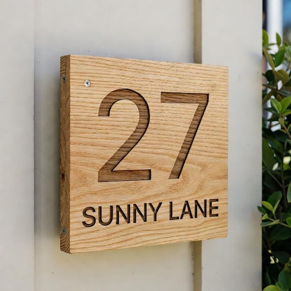 Personalized Wooden House Sign, Custom Engraved Address Plaque, Solid Oak Door Sign, Family Name Sign, CNC Carved Outdoor House Number