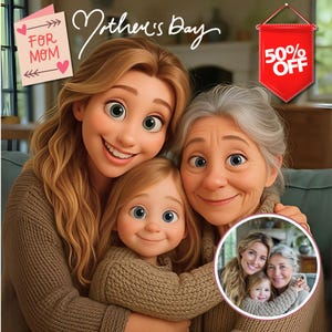 Personalized Mother's Day Pixar-Style Portrait – Custom 3D Cartoon Illustration from Your Photo – Gift for Mom with Child, Baby, or Pet