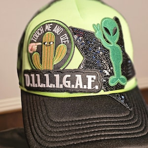 Unique and Funky Trucker hats . Aliens. DILLIGAF. Cactus