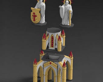 Puede incluir: Dos figuras en miniatura blancas con halos rojos, una sostiene un escudo amarillo con una cruz roja y la otra una espada. Debajo hay dos estructuras arquitectónicas con paredes blancas, pilares amarillos y detalles de techo rojos.