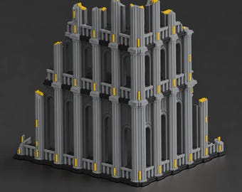 Puede incluir: Un modelo de edificio en miniatura de color gris que presenta múltiples niveles de columnas verticales y aberturas arqueadas. La estructura tiene una base negra y pequeños detalles amarillos integrados en las columnas y bordes superiores.