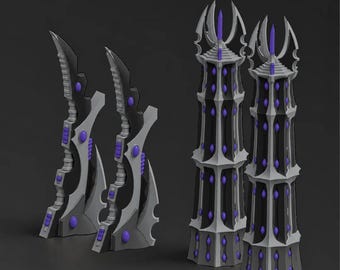Puede incluir: Dos estructuras curvas en forma de hoja y dos torres altas de varios niveles. Cada pieza es de color negro mate y gris claro con pequeños acentos ovalados de color púrpura vibrante incrustados en las superficies. Las torres tienen puntas afiladas.