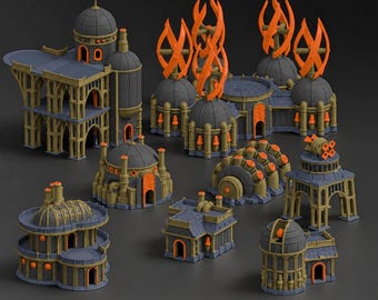 May include: A collection of miniature tabletop gaming buildings featuring dark gray and tan structures with bright orange accents. The set includes domed towers, arched walkways, industrial-style bunkers, and structures topped with orange flame-like fins.