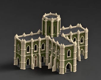 May include: A miniature building model featuring a central tower and cross-shaped layout. The structure has olive green walls, cream-colored architectural trim, pointed arch windows, and dark gray flat roofs with decorative spires.