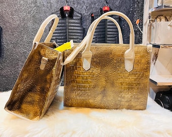 Bronze Croc Embossed Leather Tote Bag |  Tote for Women|  Leather Handbag | Everyday Office Purse