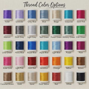 Pu&ograve; includere: Un'immagine che mostra bobine di filo in vari colori, tra cui viola, blu e arancione. Il testo "Thread Color Options" &egrave; in alto. Ogni bobina &egrave; etichettata con il suo nome di colore, come "Rose Gold" e "Dark Red".